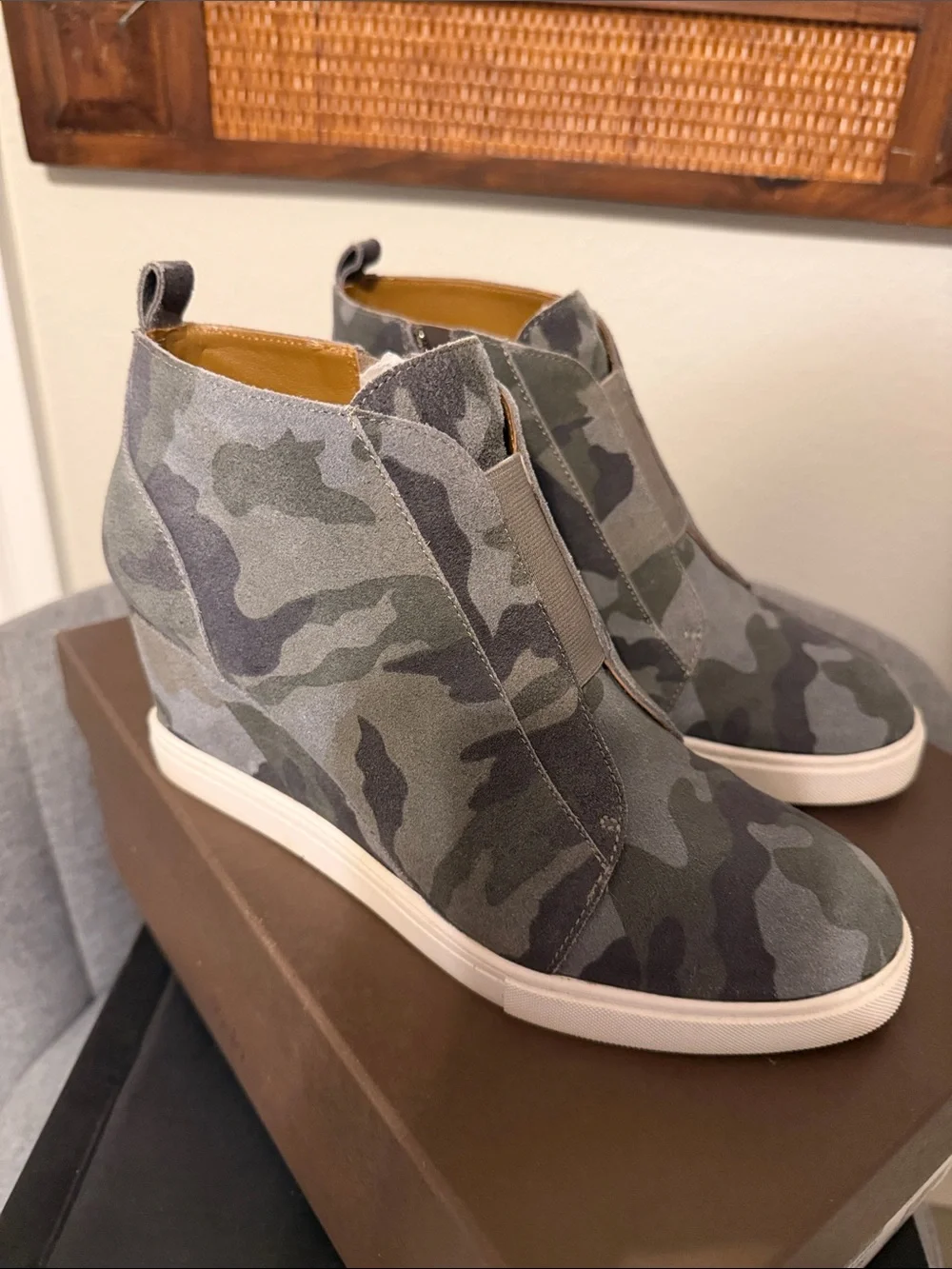 L. Paolo Camo Wedge Sneaker Booties in Green and Gray